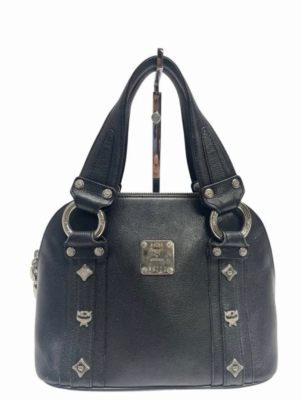MCM Black Leather Satchel with Silver Hardware